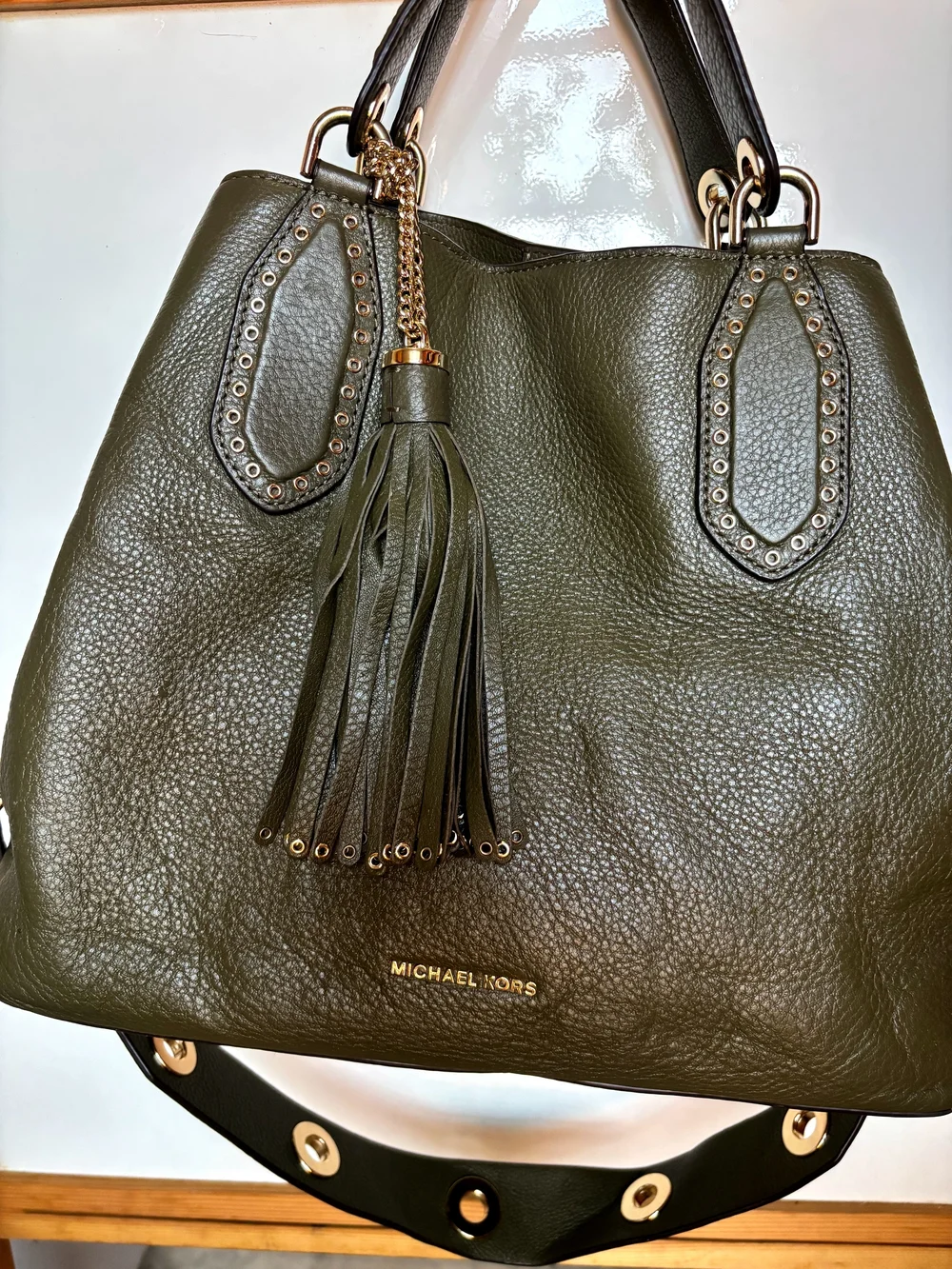 Michael Kors Olive Leather Tote with Tassel and Gold Accents